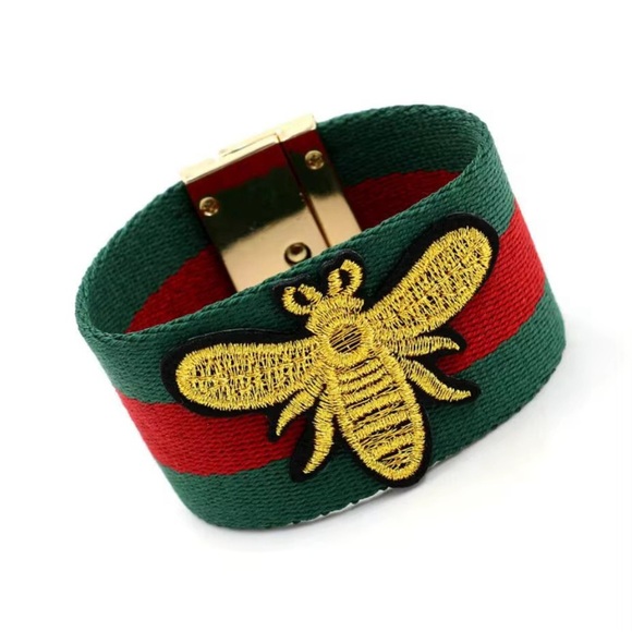 Accessories - Green and Red Bracelet with Gold Bee Embroidery